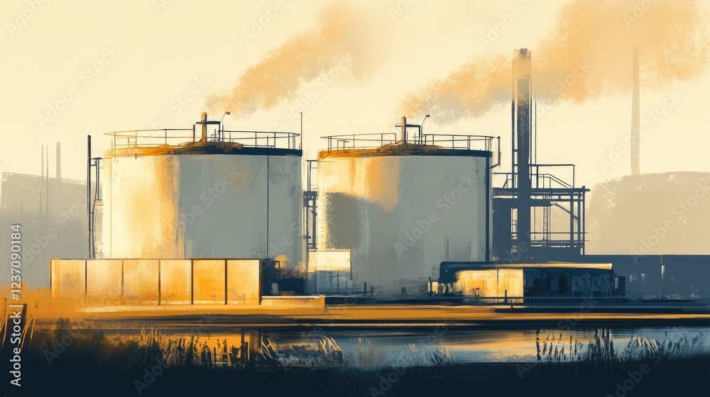 Obraz premium Industrial Storage Tanks at Sunset near Water