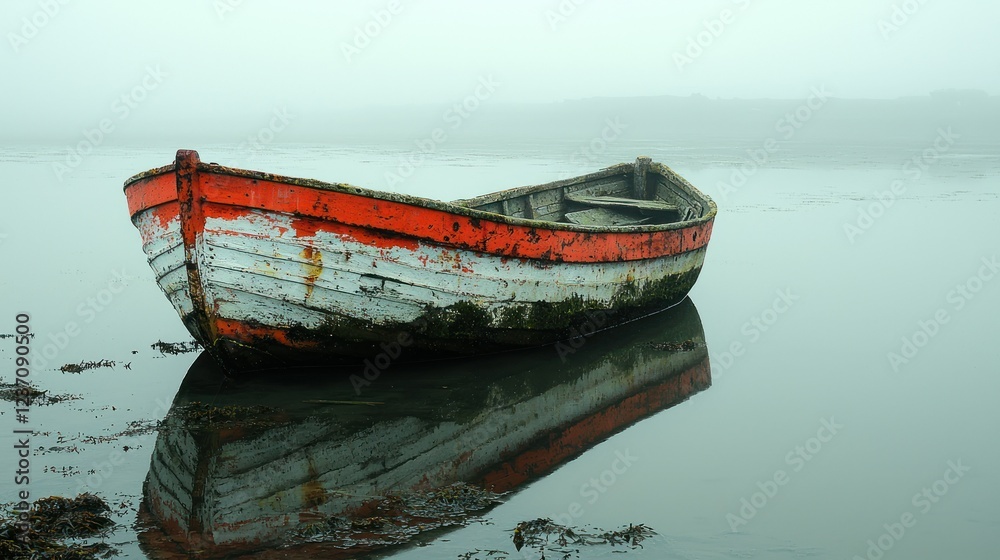 Solitude's Embrace: A Weathered Rowboat in Misty Waters Solitude's Embrace: A Weathered Rowboat in Misty Waters