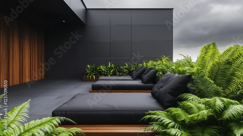 A contemporary home with an outdoor lounge area boasting sleek black furniture and rich mahogany wood accents on the terrace