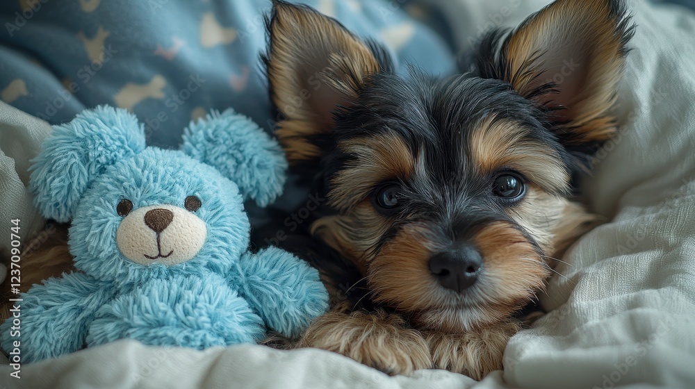 Puppy sleeping with teddy, bedroom, cozy morning Puppy sleeping with teddy, bedroom, cozy morning