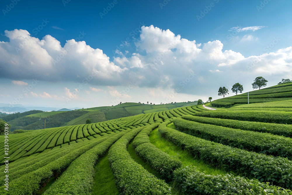 Beautiful tea garden rows scene isolated and cloud Beautiful tea garden rows scene isolated and cloud