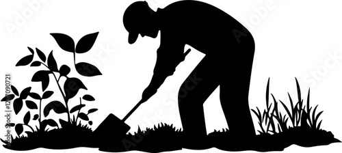 Silhouette of Man Digging in the Garden

