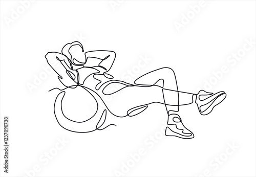 Single one line drawing woman posing with the help of fitness ball. Medicine ball. Helps muscles and spine. Training balance. Exercising. Pilates Day. Continuous line design graphic illustration
