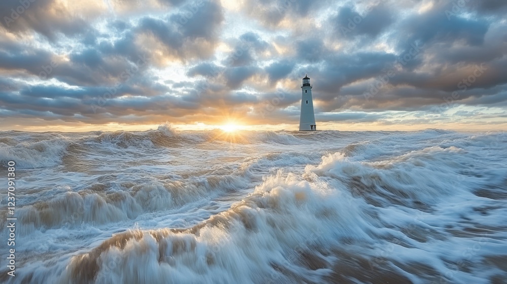 Fototapeta premium Lighthouse Stands Strong Against Powerful Ocean Waves During Sunset