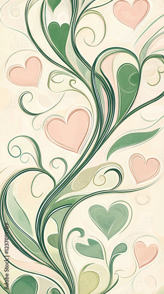 Swirling lines with pink and green hearts vertical