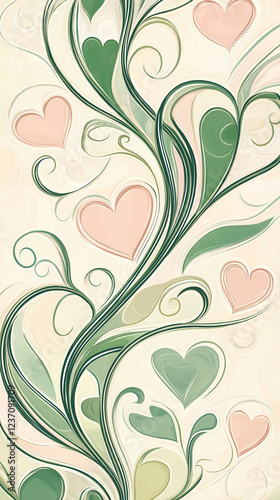 Obraz na płótnie Swirling lines with pink and green hearts vertical w salonie