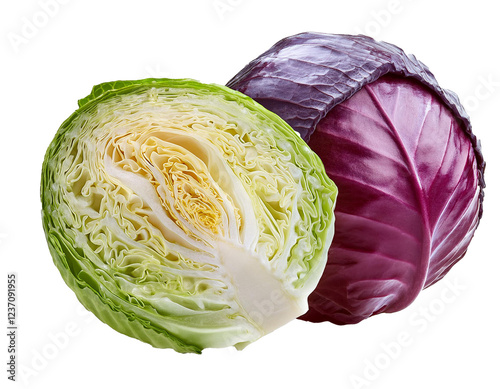 White cabbage and red cabbage isolated on white background, cut out 