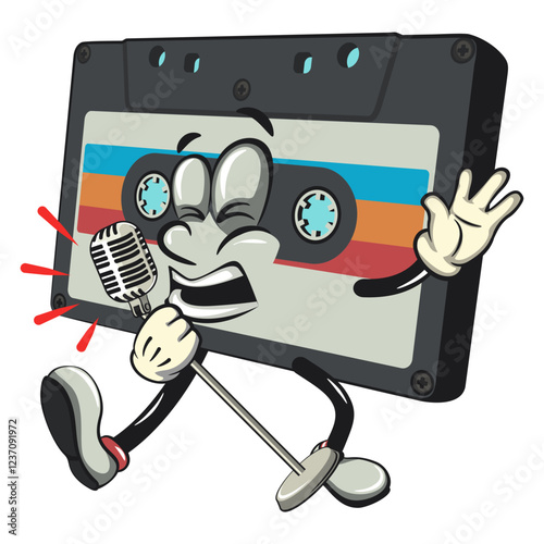 Cute retro cassette vektor illustration mascot character sing earnestly with maximum style, work of hand drawn