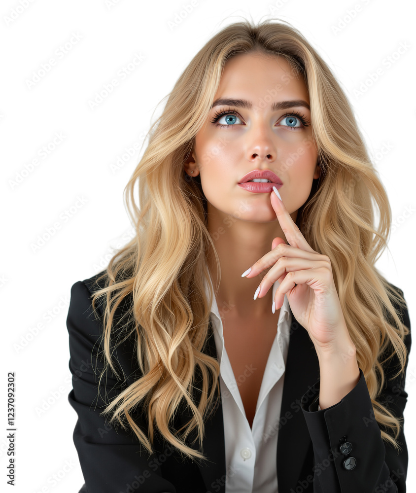 Thoughtful Young Woman in Blazer, Pondering with a Curious Expression Thoughtful Young Woman in Blazer, Pondering with a Curious Expression