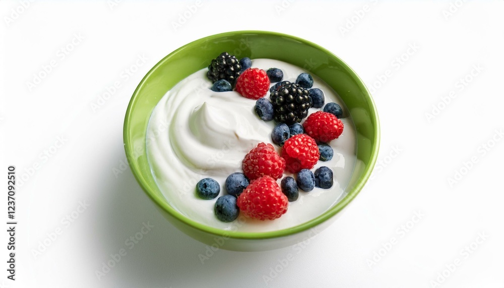 inexperienced bowl of greek yogurt and sparkling berries remoted on white historical past inexperienced bowl of greek yogurt and sparkling berries remoted on white historical past