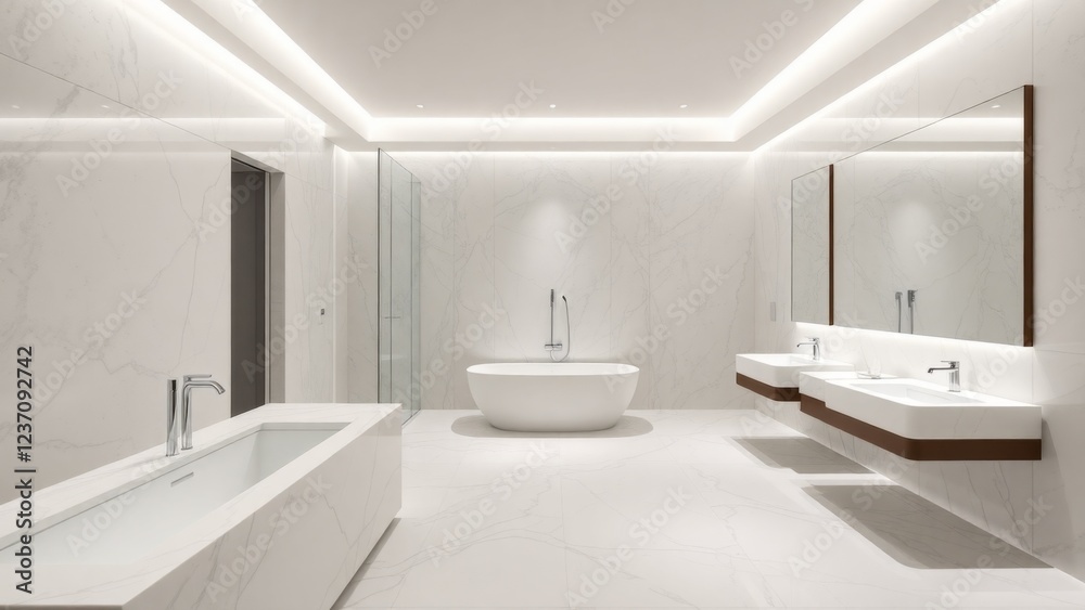 Luxurious Bathroom Design with Polished Marble Surfaces, Minimalist Fixtures, and Elegant Lighting for High-End Interiors Luxurious Bathroom Design with Polished Marble Surfaces, Minimalist Fixtures, and Elegant Lighting for High-End Interiors