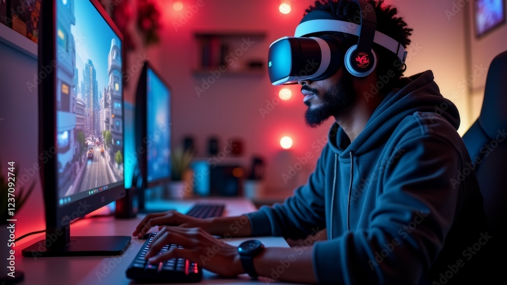 young man sitting desk front computer monitor wearing grey hoodie has pair virtual reality headsets his head headset has red white logo man playing video game computer screen appears focused task young man sitting desk front computer monitor wearing grey hoodie has pair virtual reality headsets his head headset has red white logo man playing video game computer screen appears focused task