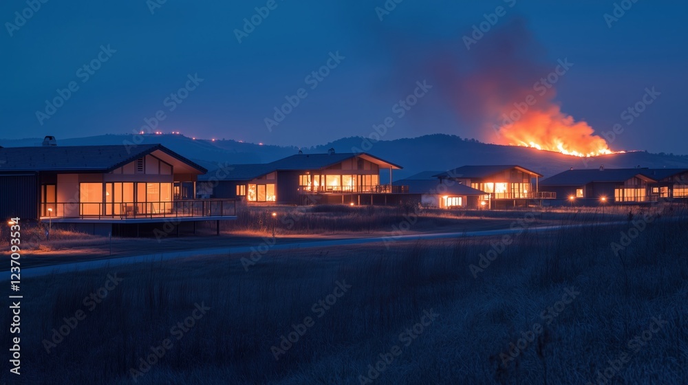 Fire on the hillside illuminates cabins at dusk near a tranquil countryside setting in autumn Fire on the hillside illuminates cabins at dusk near a tranquil countryside setting in autumn