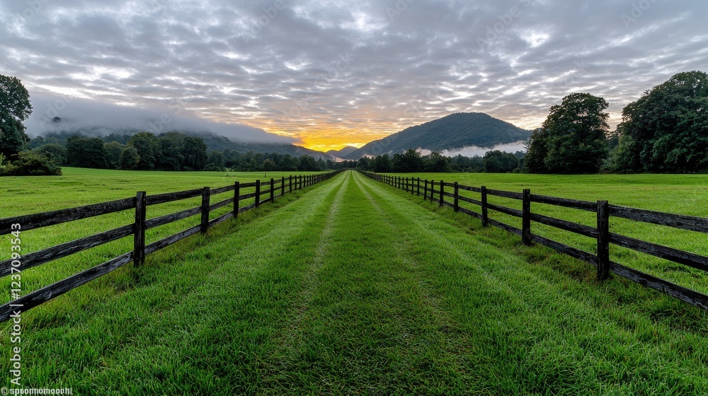 Sunrise over mountain valley pasture, scenic rural landscape, perfect for travel brochures Sunrise over mountain valley pasture, scenic rural landscape, perfect for travel brochures