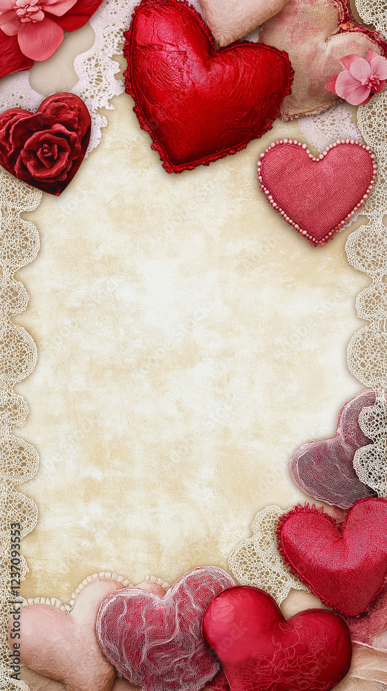 Red and pink Valentine hearts with lace edging vertical