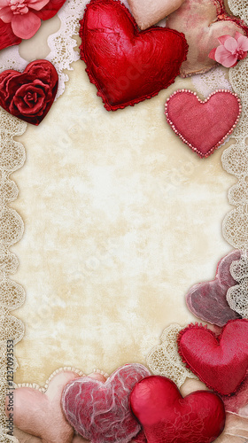 Obraz na płótnie Red and pink Valentine hearts with lace edging vertical w salonie