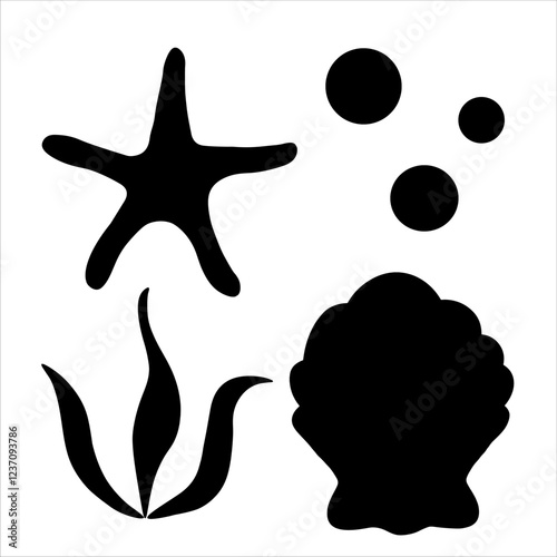 Vector silhouette of shells, starfish and seaweed. Illustrations of the sea underwater world drawn with black ink. Black outline icon of shell and mollusks