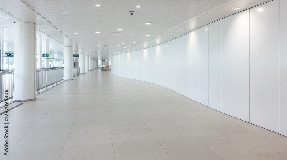 Obraz premium Modern airport corridor, bright interior, curved walls, travel background