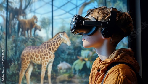 Wallpaper Mural Boy using VR headset, viewing virtual safari with giraffes and other animals. Torontodigital.ca