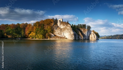 limestone slope surrounded by water of czorsztynskie lake poland europe photo