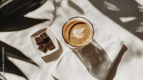 A glass of coffee with latte art and a small dish of chocolate squares sit on a white linen surface, bathed in sunlight.