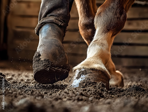 Close-up of a farrier filing a horse hoof in a rustic barn setting with earthy tones and soft lighting highlighting the horse's lower legs and surrounding soil. photo