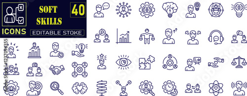 soft skills icon set collection. active listening, communication, teamwork, time management, self confidence .