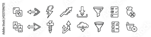 Collection of line icons depicting data transfer, filtering, upward trends, downloads, selections, and rejections. Simple, black line art style.