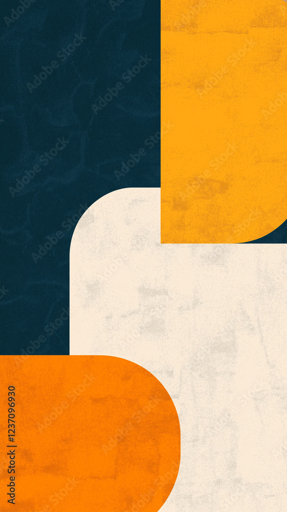 Abstract design with bold forms in orange, yellow ochre and dark blue