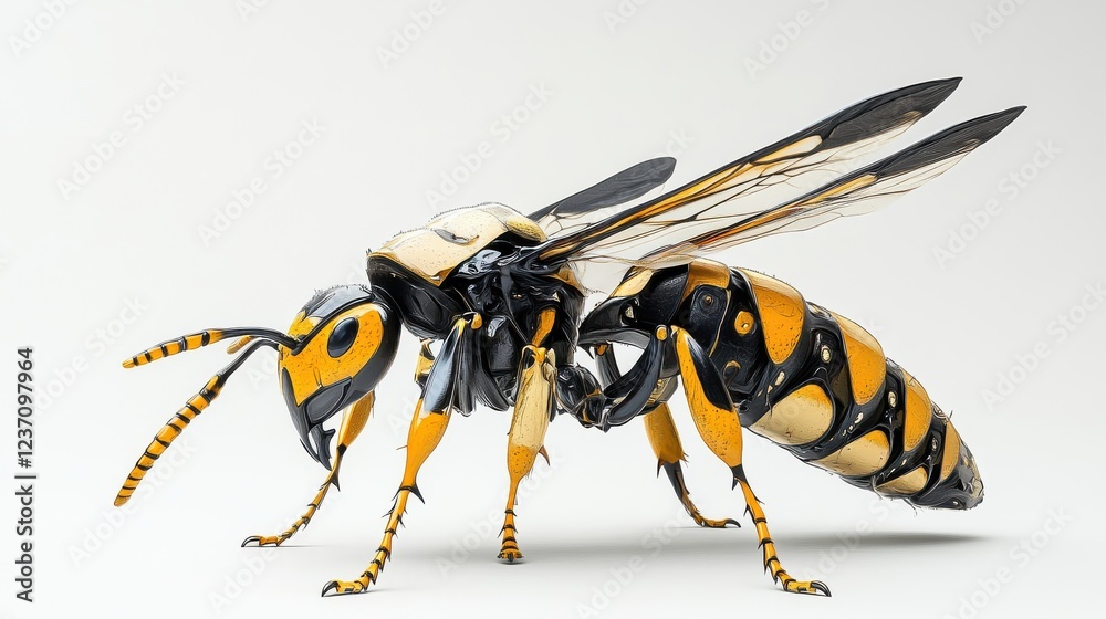 Lifelike Model of a Yellow and Black Flying Insect on White Background