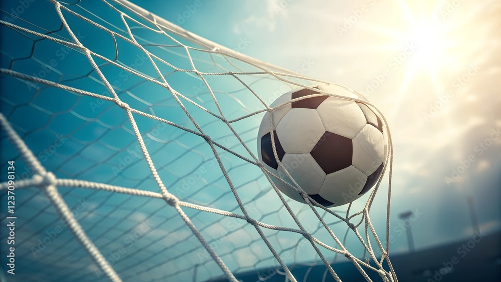 Naklejka premium A soccer ball strikes the net, capturing the essence of thrilling sports moments under a bright sky.