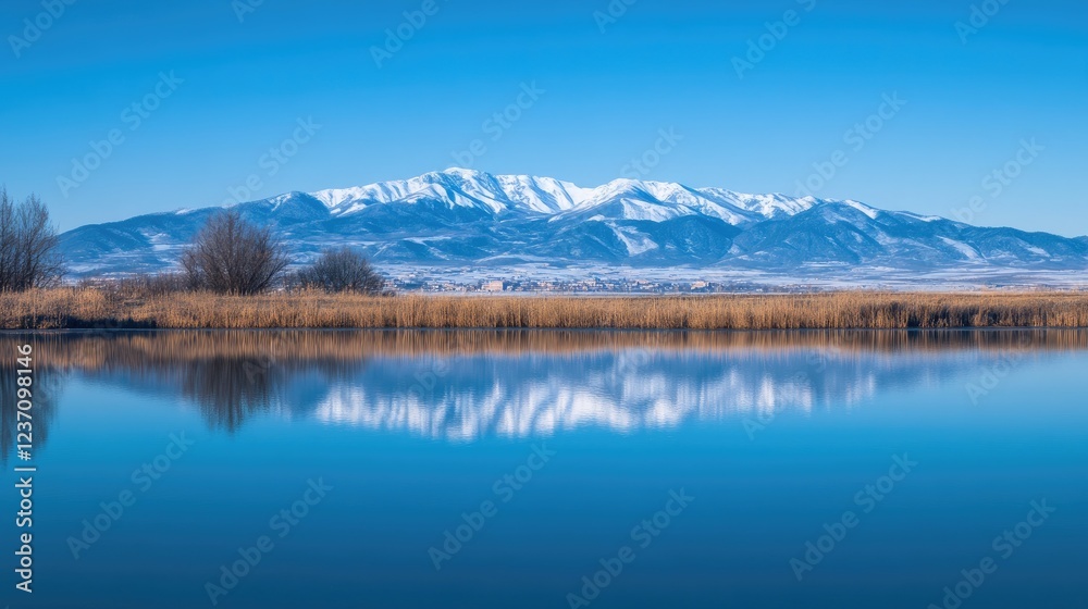 Snow capped mountains reflected in tranquil blue water Snow capped mountains reflected in tranquil blue water