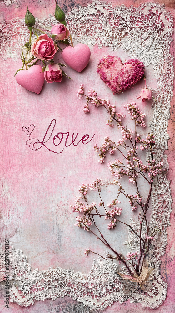 Valentine hearts and tiny flowers with copy space