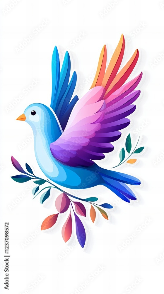 Obraz premium Vibrant illustration of a colorful bird in flight, surrounded by leaves. A symbol of freedom and hope.