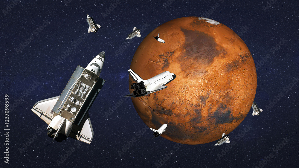 Multiple space shuttles orbiting Mars with a starry space background. 3d rendered illustration. Elements of this image were furnished by NASA