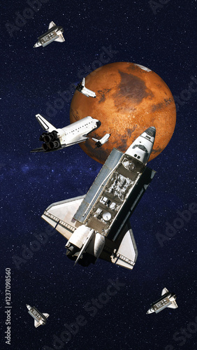 Space shuttle orbiting artistically rendered red planet MARS with. Interstellar flight concept. Elements of 3D rendered illustration were furnished by NASA.