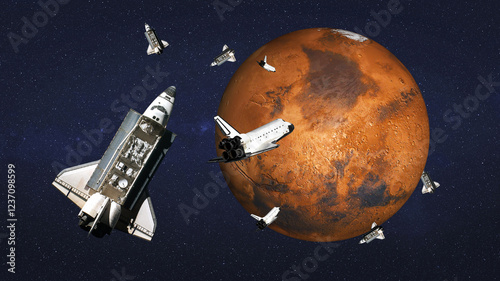 Obraz na płótnie Multiple space shuttles orbiting Mars with a starry space background. 3d rendered illustration. Elements of this image were furnished by NASA w salonie