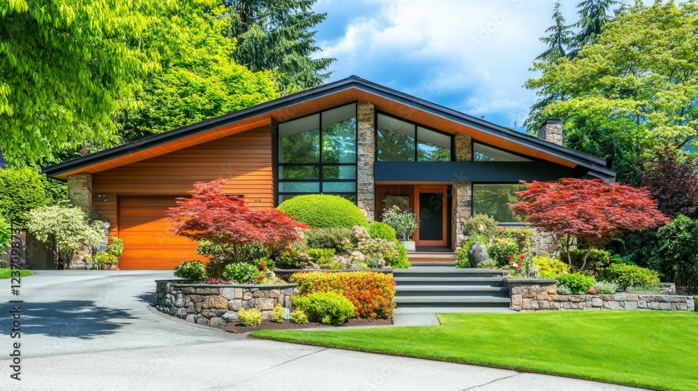 Modern Home with Beautiful Landscaping and Lush Greenery Modern Home with Beautiful Landscaping and Lush Greenery