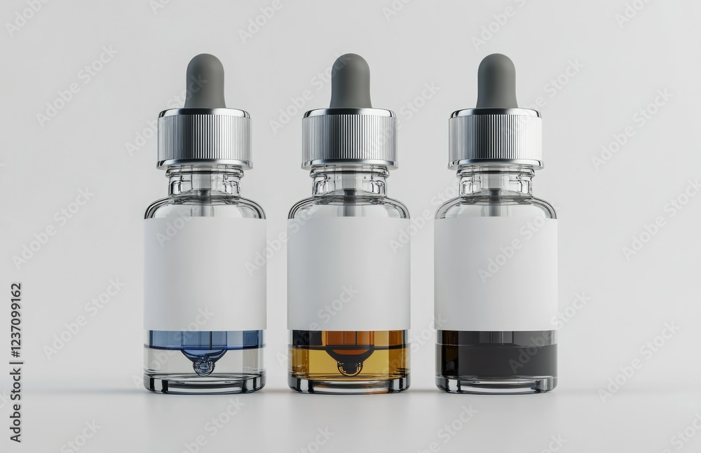Three Glass Dropper Bottles with White Blank Labels for E-Liquid Mockups – Perfect for Branding and Packaging Design Three Glass Dropper Bottles with White Blank Labels for E-Liquid Mockups – Perfect for Branding and Packaging Design