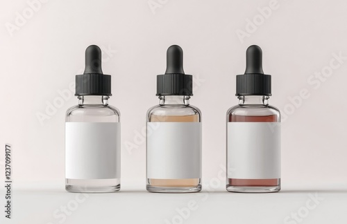 Three Different Glass Dropper Bottles with White Blank Labels for E-Liquid Mockups – Branding and Packaging Concept photo