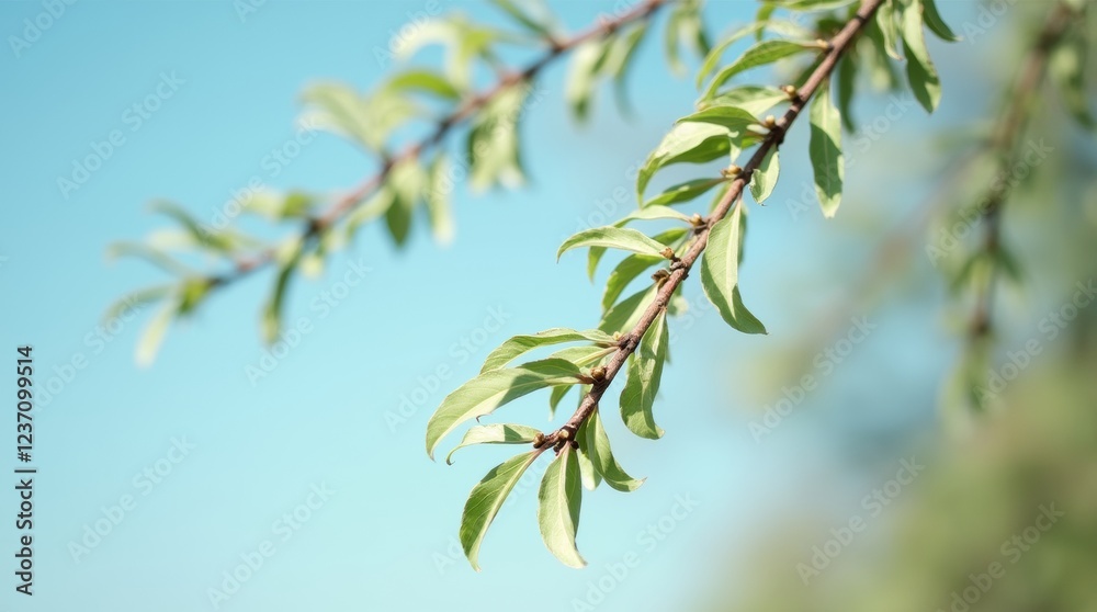 A close-up of delicate willow branches with soft, green leaves swaying gently in the breeze A close-up of delicate willow branches with soft, green leaves swaying gently in the breeze