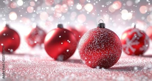 Red Christmas Ornaments and Snowflakes on a Winter Background photo