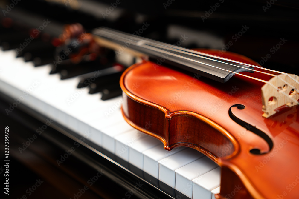 Violin on top of piano keyboard background