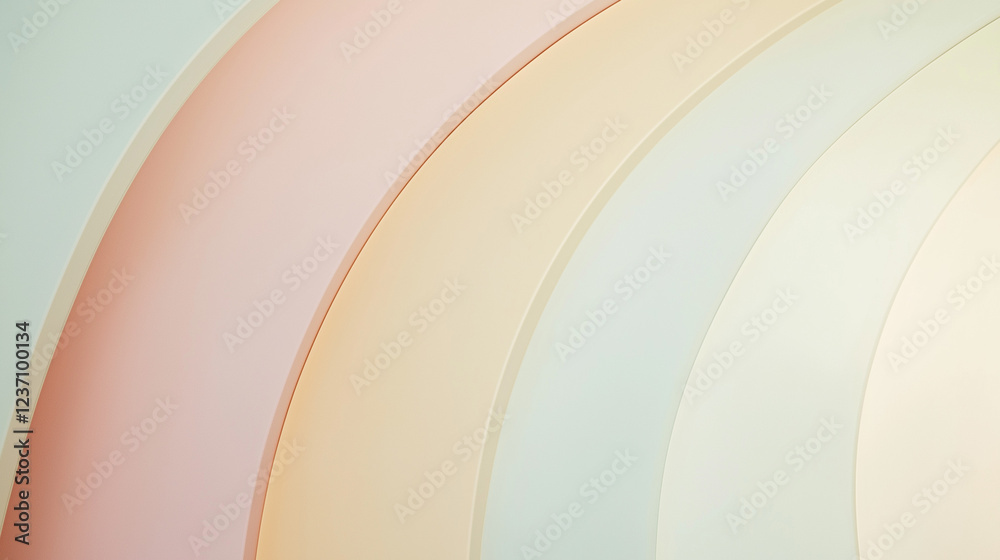 Curving shapes in muted pink, green, blue and orange colors