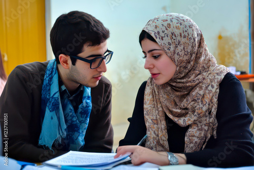 A student mentoring a newcomer from abroad. photo