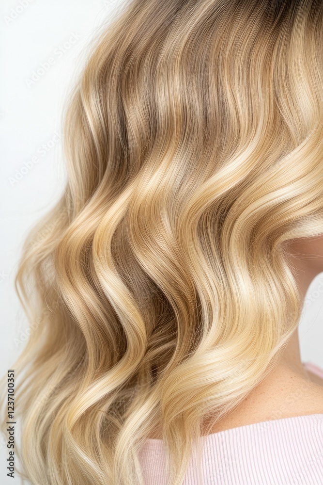 Naklejka premium Light Wavy Hair Extensions on Model with Honey-Blond Ombre Hair, Glamorous and Stylish Look