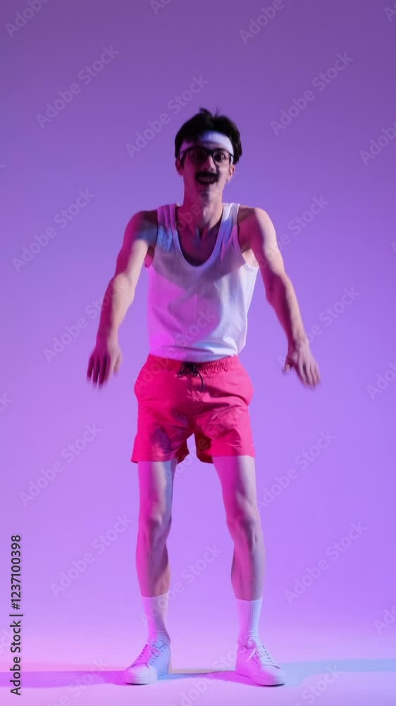 Joyful freaky Caucasian young adult 80s man squatting during fitness training or workout, standing on purple background. Vertical video. Joyful freaky Caucasian young adult 80s man squatting during fitness training or workout, standing on purple background. Vertical video.