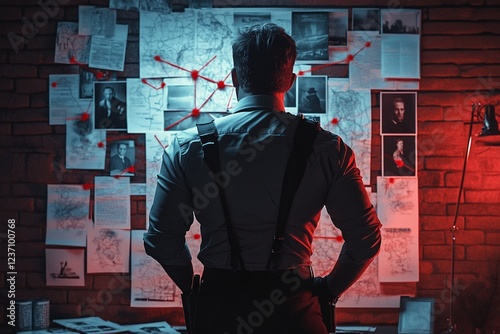 Detective looking at investigation board with red strings and crime evidence. Dark moody atmosphere in police office shows mysterious case analysis on brick wall background