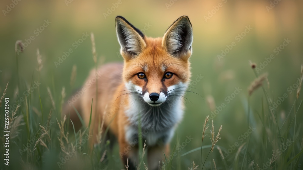 Obraz premium A Fox Stands Alert in Lush Wild Grass, Its Expressive Eyes Keenly Observing the Surroundings
