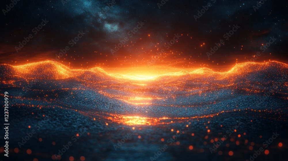 Fototapeta premium Glowing embers landscape at night.